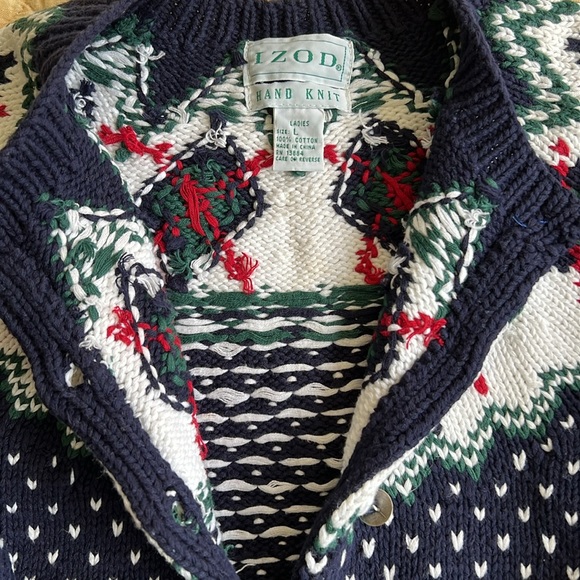 Vintage IZOD Hand Knit Fair Isle Silver Button 100% Cotton Cardigan Sweater - Picture 6 of 9